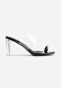 Born2be - Czarne Klapki na Słupku z Transparentnym Paskiem i Obcasem Ryrnell. Okazja: na co dzień. Kolor: czarny. Materiał: jeans, materiał. Obcas: na obcasie. Styl: casual, elegancki, klasyczny. Wysokość obcasa: średni #4