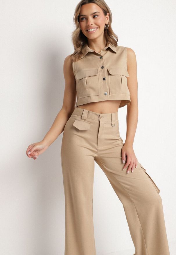 Born2be - Beżowy Komplet w Stylu Cargo Kamizelka z Kołnierzykiem i Szerokie Spodnie Zireva. Kolor: beżowy