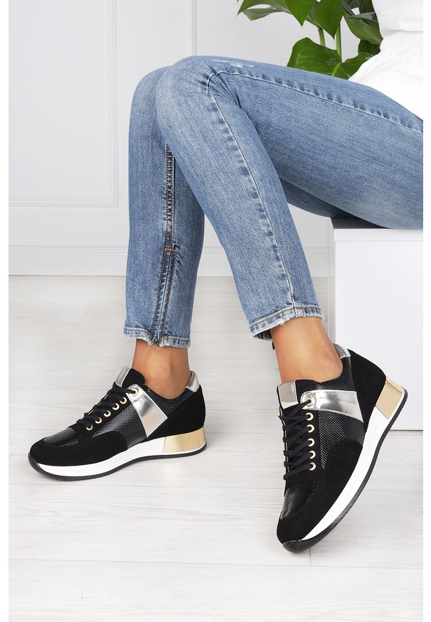 Kati - Czarne sneakersy kati buty sportowe sznurowane polska skóra 7003. Kolor: czarny. Materiał: skóra