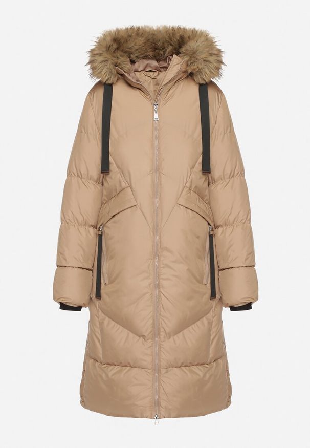 Born2be - Ciemnobeżowa Pikowana Kurtka z Kapturem z Futrem i Ozdobnymi Taśmami Lendria. Okazja: na spacer. Typ kołnierza: kaptur. Kolor: beżowy. Materiał: futro