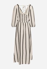 Born2be - Biało-Czarna Taliowana Sukienka z Bawełny z Motywem Pasków Rivettes. Okazja: do pracy, na co dzień. Typ kołnierza: dekolt w kształcie V. Kolor: biały. Materiał: bawełna. Wzór: aplikacja. Typ sukienki: proste. Styl: klasyczny, casual, elegancki #3