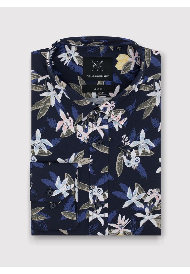 Pako Lorente - PAKO LORENTE – Granatowa koszula męska w kwiaty. Kolor: niebieski. Materiał: elastan, bawełna. Długość rękawa: długi rękaw. Długość: długie. Wzór: kwiaty
