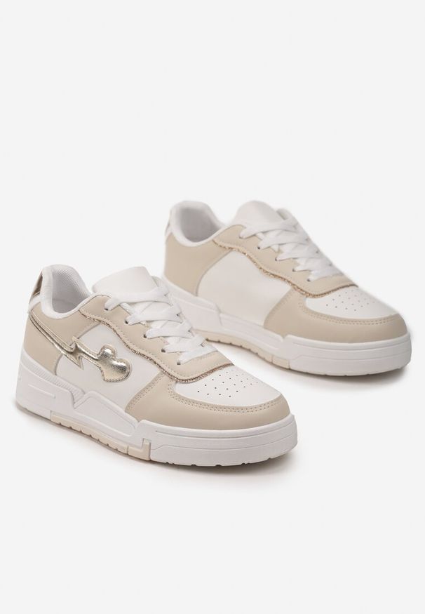 Renee - Beżowe Sznurowane Sneakersy na Grubej Podeszwie z Brokatowym Zdobieniem Anaieli. Kolor: beżowy. Szerokość cholewki: normalna. Wzór: aplikacja