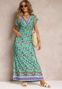 Renee - Zielona Rozkloszowana Sukienka Maxi z Printem Paisley z Gumką w Pasie Zoenia. Kolor: zielony. Wzór: paisley, nadruk. Sezon: lato, wiosna. Długość: maxi