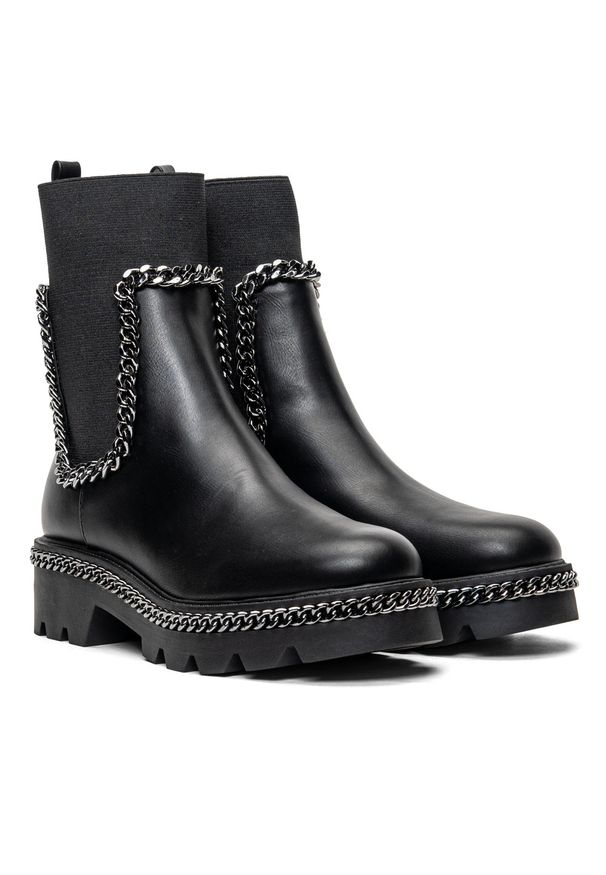 Botki damskie Guess Varda (FL8VRDELE10-BLACK). Kolor: czarny. Materiał: skóra, materiał. Szerokość cholewki: normalna. Sezon: zima, jesień