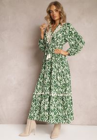 Renee - Zielona Rozkloszowana Sukienka z Gumką w Pasie i Ażurową Wstawką Margotta. Kolor: zielony. Wzór: ażurowy