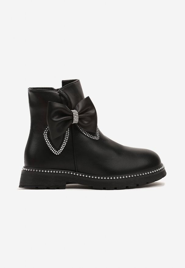 Born2be - Czarne Botki Ozdobione Kokardami i Cyrkoniami Venorith. Okazja: na co dzień. Kolor: czarny. Materiał: jeans. Wzór: aplikacja. Sezon: zima, jesień. Styl: casual, elegancki