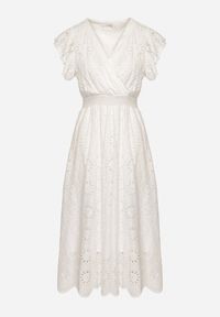 Born2be - Biała Ażurowa Sukienka z Kopertowym Dekoltem i Bufiastymi Rękawami Ldivane. Okazja: na imprezę, na co dzień. Kolor: biały. Wzór: ażurowy. Sezon: lato. Typ sukienki: kopertowe. Styl: casual #5