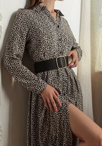 Born2be - Czarno-Biała Sukienka Hekadia. Okazja: na co dzień. Kolor: czarny. Materiał: tkanina, wiskoza. Długość rękawa: długi rękaw. Wzór: kwiaty. Typ sukienki: proste, koszulowe. Styl: casual. Długość: maxi #1