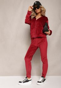 Renee - Bordowy Welurowy Komplet Dresowy Bluza z Kapturem i Proste Spodnie Arislo. Kolor: czerwony. Materiał: dresówka, welur #2