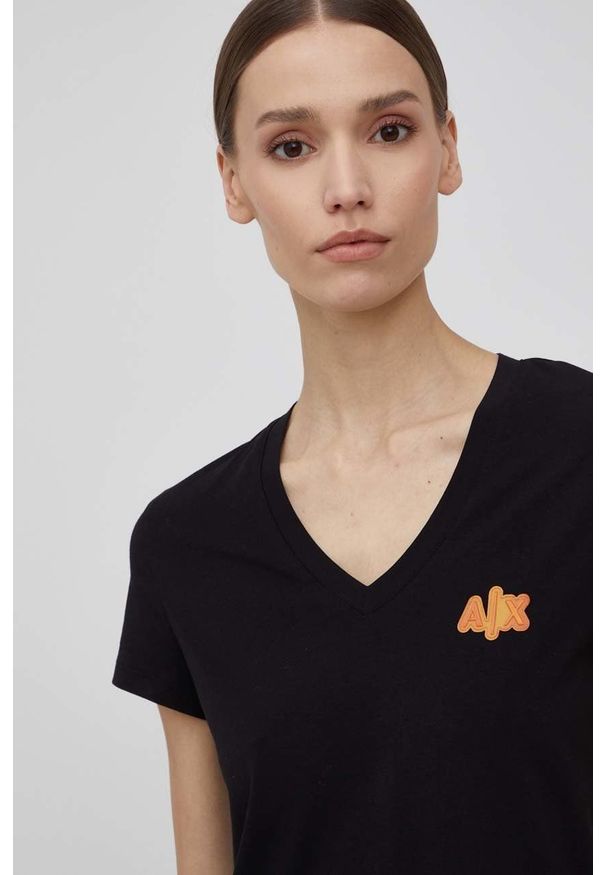 Armani Exchange t-shirt 3LYTAJ.YJC7Z damski kolor czarny. Kolor: czarny. Długość rękawa: krótki rękaw. Długość: krótkie. Wzór: aplikacja