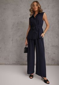 Renee - Granatowy Komplet z Wiskozy Spodnie Wide Leg i Koszula Bez Rękawów z Paskiem Adduin. Kolor: niebieski. Materiał: wiskoza #2