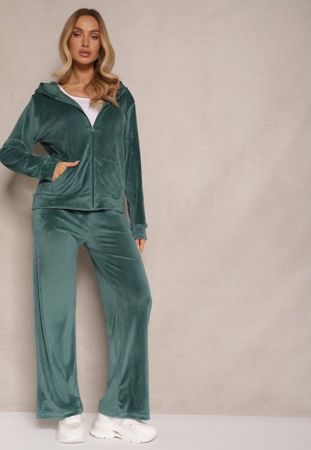 Renee - Zielony Welurowy Komplet Dresowy Bluza z Kapturem i Szerokie Spodnie Poretta. Kolor: zielony. Materiał: welur, dresówka