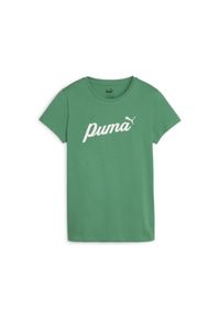 Koszulka Sportowa Damska Puma Ess+ Script. Kolor: zielony. Materiał: bawełna. Wzór: aplikacja. Sport: joga i pilates #1
