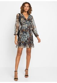 bonprix - Sukienka mini z balonowymi rękawami. Kolor: brązowy. Typ sukienki: kopertowe. Długość: mini #2