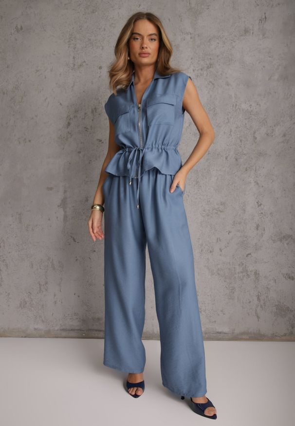 Renee - Niebieski Komplet Utility z Wiskozy Spodnie i Bluzka na Suwak ze Ściągaczem Petolira. Kolor: niebieski. Materiał: wiskoza