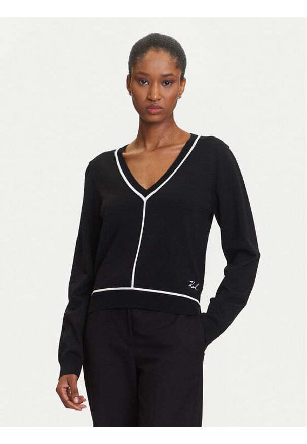 Karl Lagerfeld - KARL LAGERFELD Sweter A3W18023 Czarny Regular Fit. Typ kołnierza: dekolt w karo. Kolor: czarny. Materiał: syntetyk
