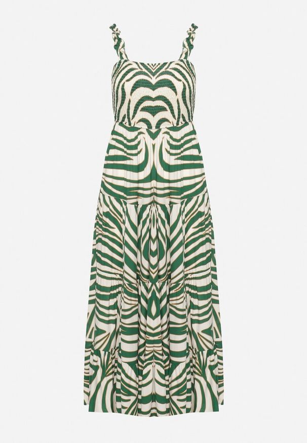 Born2be - Zielono-Beżowa Wiskozowa Rozkloszowana Sukienka na Ramiączkach z Kwadratowym Dekoltem Lezorea. Okazja: na co dzień, na randkę, na spacer. Typ kołnierza: dekolt kwadratowy. Kolor: zielony. Materiał: wiskoza. Długość rękawa: na ramiączkach. Sezon: lato. Typ sukienki: proste. Styl: casual