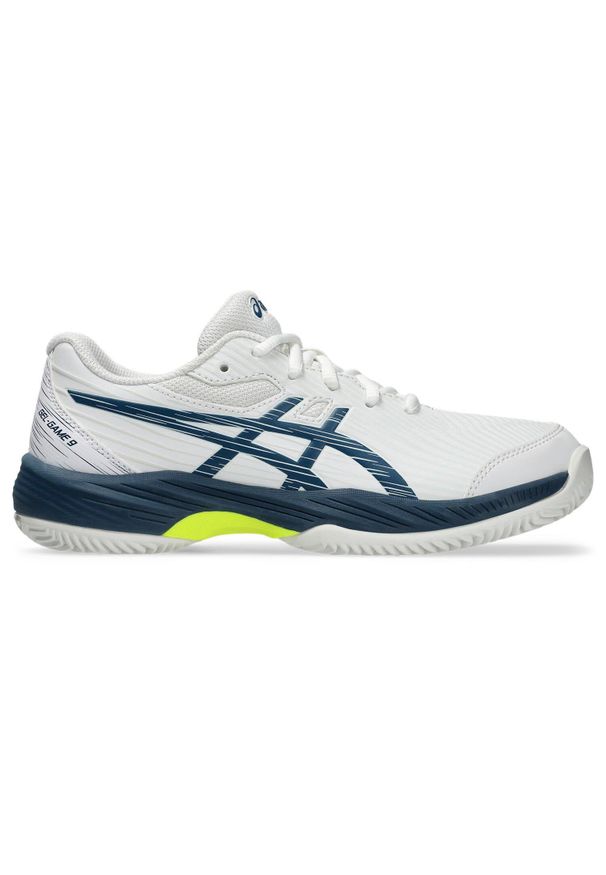 Buty do tenisa dla dzieci Asics Gel-game 9. Zapięcie: sznurówki. Kolor: biały, niebieski, wielokolorowy. Materiał: materiał, tkanina, syntetyk. Szerokość cholewki: normalna. Sport: tenis