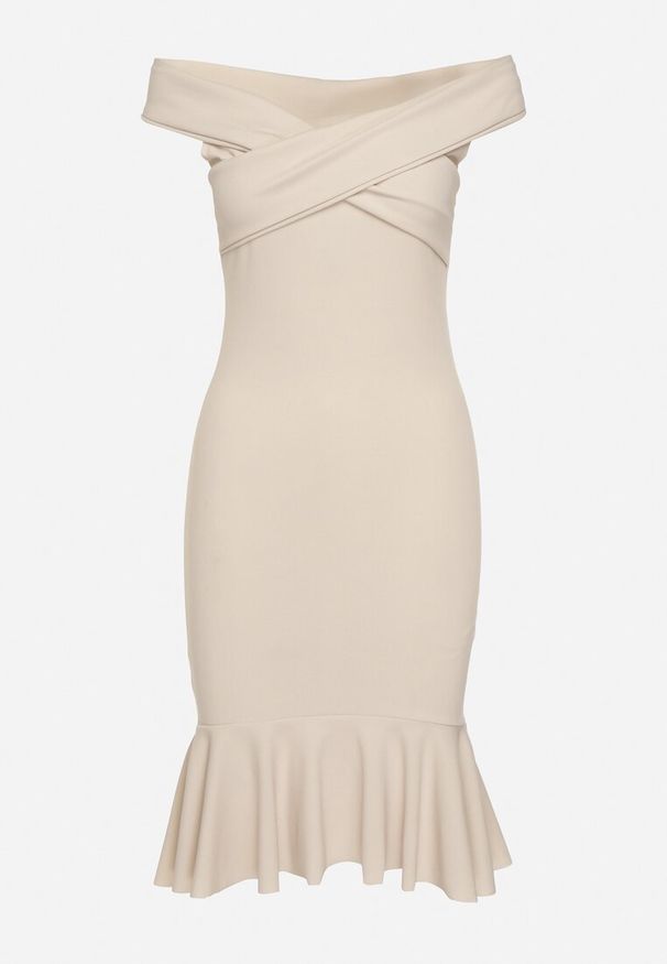 Born2be - Beżowa Sukienka Dopasowana z Hiszpańskim Dekoltem i Falbanką na Dole Reantia. Okazja: na randkę. Kolor: beżowy. Długość rękawa: krótki rękaw. Typ sukienki: ołówkowe