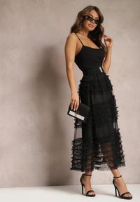Renee - Czarna Rozkloszowana Spódnica z Tiulowego Materiału z Gumką w Talii Ejlia. Kolor: czarny. Materiał: materiał, tiul