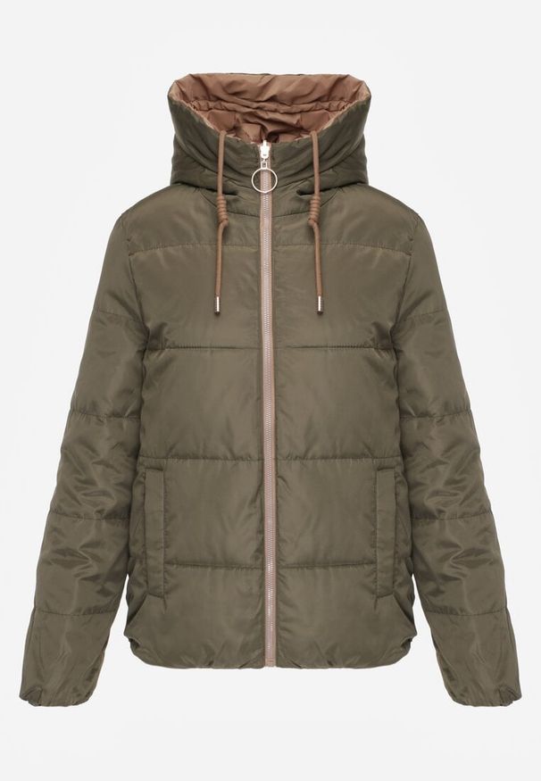 Renee - Ciemnobeżowa Pikowana Kurtka Dwustronna z Kapturem Ozdobiona Suwakami Nevetila. Okazja: na co dzień. Typ kołnierza: kaptur. Kolor: beżowy. Materiał: jeans. Wzór: aplikacja. Styl: casual