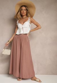 Renee - Brązowe Szerokie Spodnie High Waist z Elastycznymi Gumkami w Talii Varbia. Okazja: na co dzień. Stan: podwyższony. Kolor: brązowy. Styl: elegancki, casual #4