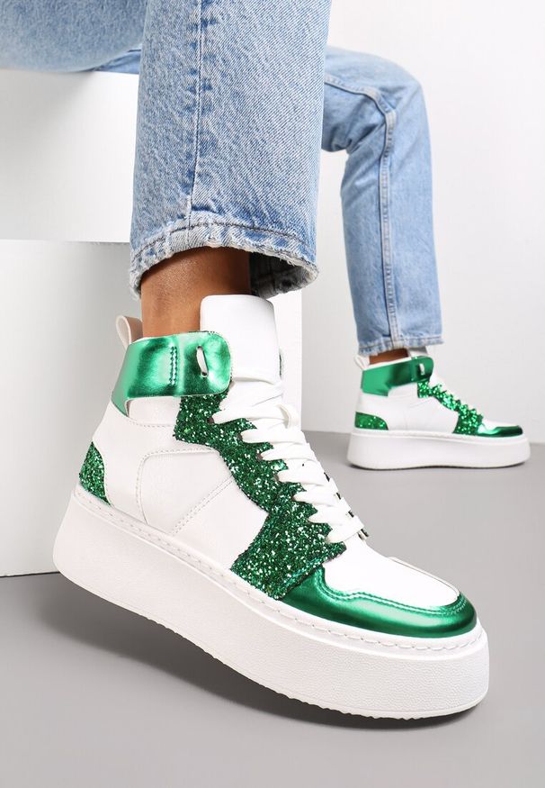 Renee - Biało-Zielone Sznurowane Sneakersy za Kostkę z Brokatem i Metalicznymi Wstawkami Sareena. Wysokość cholewki: za kostkę. Kolor: biały
