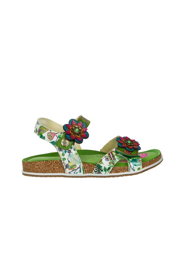 Sandały Laura Vita Brcyano 12 Vert 202059, Zielony, Skóra naturalna - 37. Okazja: na co dzień. Zapięcie: rzepy. Kolor: zielony. Materiał: skóra. Wzór: kwiaty, aplikacja, kolorowy. Styl: elegancki, casual