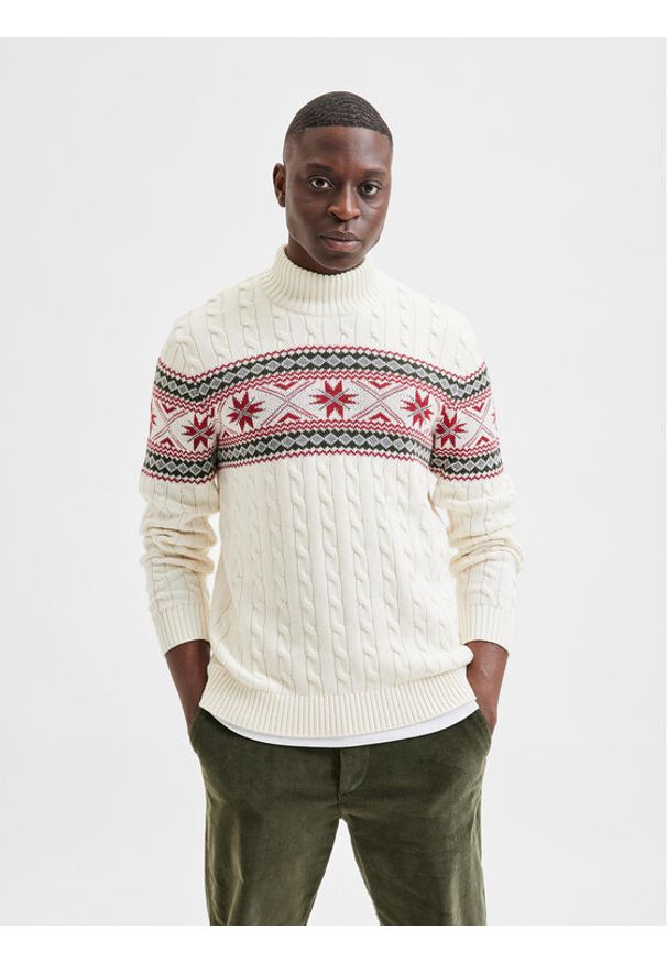 Golf Selected Homme. Typ kołnierza: golf. Kolor: beżowy. Materiał: bawełna