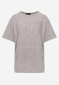 Born2be - Szary Oversizowy T-shirt z Bawełny Zdobiony Haftem z Cekinami Pidella. Okazja: na co dzień. Kolor: szary. Materiał: bawełna. Wzór: aplikacja, haft. Styl: elegancki, casual #2