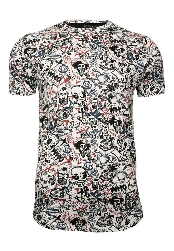 Biały T-Shirt (Koszulka) z Nadrukiem -Brave Soul- Męski, Broda, Fajka, Znaki, 100% Bawełna. Okazja: na co dzień. Kolor: biały. Materiał: bawełna. Wzór: nadruk. Styl: casual