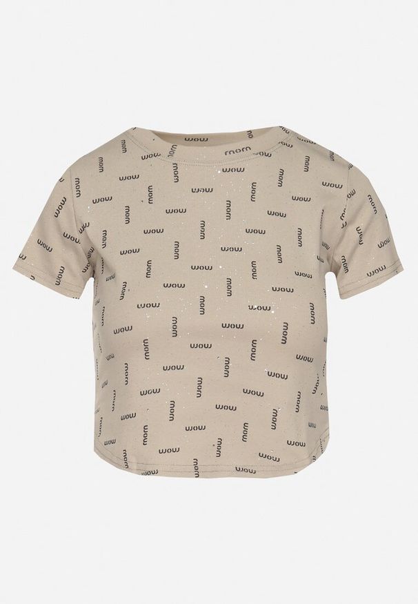 Born2be - Ciemnobeżowy Bawełniany T-shirt z Brokatem Olinithra. Okazja: na co dzień. Kolor: beżowy. Materiał: bawełna. Wzór: aplikacja. Sezon: lato, wiosna. Styl: glamour, klasyczny, casual