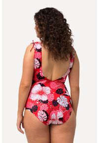 ULLA POPKEN - Damski Kostium kąpielowy hawajskie kwiaty miękkie miseczki dekolt w serek. Kolekcja: plus size. Kolor: czerwony. Materiał: elastan, poliamid, materiał. Wzór: kwiaty