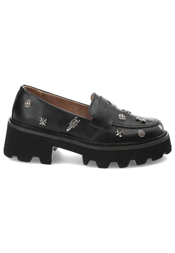 Czarne Półbuty Filippo Modne Obuwie Damskie. Kolor: czarny. Materiał: skóra. Wzór: aplikacja, kwiaty. Styl: klasyczny