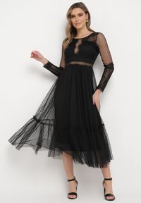 Born2be - Czarna Sukienka Maxi o Rozkloszowanym Fasonie z Ozdobną Koronką i Tiulem Steilla. Kolor: czarny. Materiał: tiul, koronka. Wzór: koronka. Długość: maxi #1