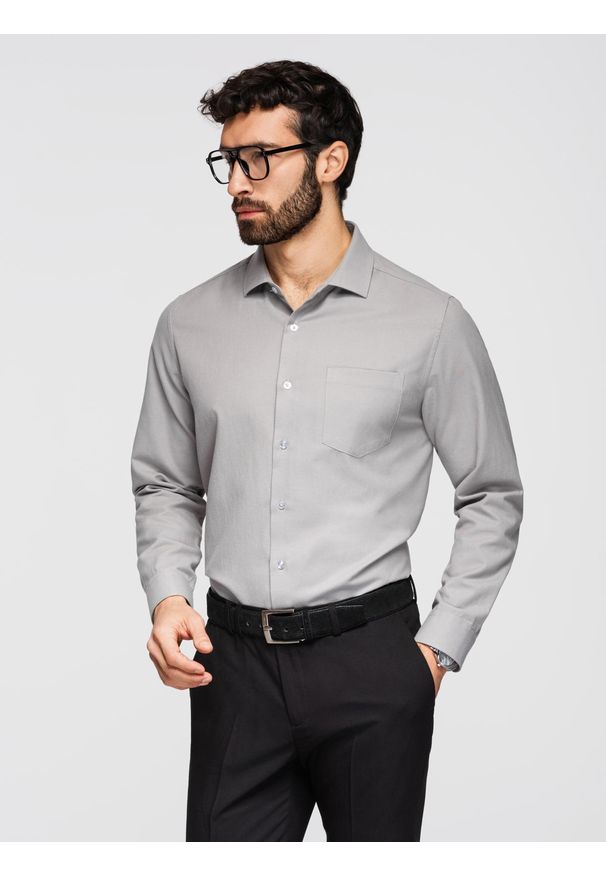 Ombre Clothing - Koszula męska klasyczna regular fit - szara V1 - Rozmiar: XL. Okazja: na co dzień, na spotkanie biznesowe. Typ kołnierza: kołnierzyk klasyczny. Kolor: szary. Materiał: materiał, bawełna, poliester. Długość rękawa: długi rękaw. Długość: długie. Styl: klasyczny