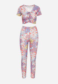 Born2be - Czerwono-Niebieski Komplet 2-Częściowy w Kwiatowy Print Top ze Sznurkiem i Legginsy Naerisande. Kolor: czerwony. Wzór: kwiaty, nadruk #5