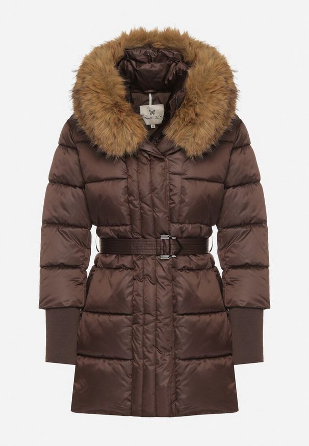 Born2be - Brązowa Kurtka z Pikowanymi Przeszyciami Paskiem i Kapturem z Futrem Lidanessa. Okazja: na co dzień. Kolor: brązowy. Materiał: futro. Styl: casual