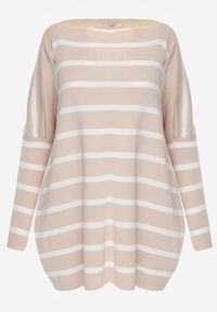 Born2be - Beżowy Sweter Oversize w Paski z Rękawami Nietoperz Caelania. Kolor: beżowy. Wzór: paski #7