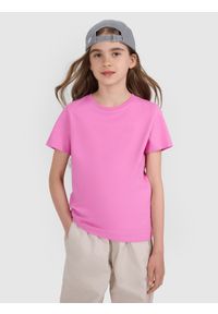 4f - 4F T-shirt regular gładki dziewczęcy - różowa 158 (12-13 lat). Okazja: na co dzień. Kolor: różowy. Materiał: bawełna, materiał, jersey. Długość rękawa: krótki rękaw. Długość: krótkie. Wzór: gładki. Sezon: lato. Styl: młodzieżowy, klasyczny, casual, sportowy #1