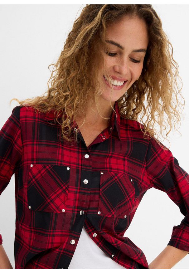 bonprix - Bluzka bawełniana w kratę. Kolor: czerwony. Materiał: bawełna