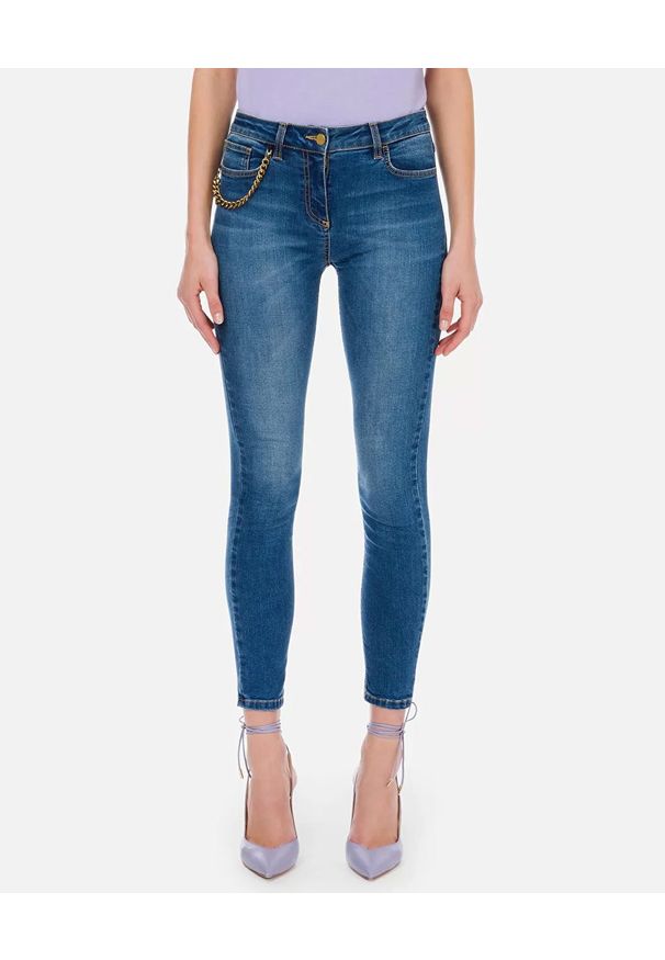 Elisabetta Franchi - ELISABETTA FRANCHI - Jeansy skinny z łańcuchem. Okazja: na spotkanie biznesowe, na co dzień, do pracy. Kolor: niebieski. Styl: retro, biznesowy, casual