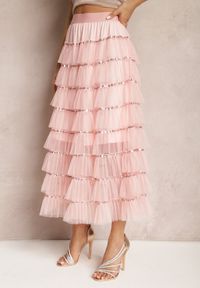 Renee - Różowa Rozkloszowana Spódnica Maxi z Falbankami i Cekinami Noobi. Kolor: różowy. Materiał: materiał. Wzór: aplikacja. Styl: elegancki #3