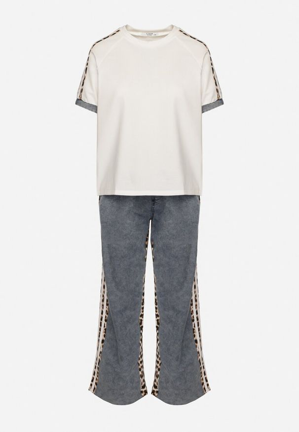 Born2be - Biały Bawełniany Komplet Dresowy Bluzka i Spodnie z Panterką i Lampasami Nortebis. Kolor: biały. Materiał: bawełna, dresówka. Wzór: motyw zwierzęcy