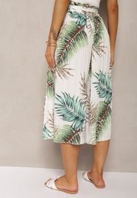 Renee - Biało-Zielone Plisowane Spodnie z Szerokimi Nogawkami High Waist z Gumką w Talii Alfia. Stan: podwyższony. Kolor: biały. Materiał: tkanina. Sezon: lato