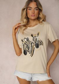 Renee - Beżowy T-shirt z Bawełny z Nadrukiem o Motywie Zwierzęcym Risabell. Okazja: na co dzień. Kolor: beżowy. Materiał: bawełna. Wzór: motyw zwierzęcy, nadruk. Styl: casual