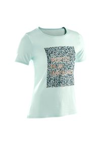 DOMYOS - Koszulka z krótkim rękawem dziecięca Domyos. Kolor: zielony. Materiał: bawełna, materiał. Długość rękawa: krótki rękaw. Długość: krótkie. Sport: joga i pilates #1