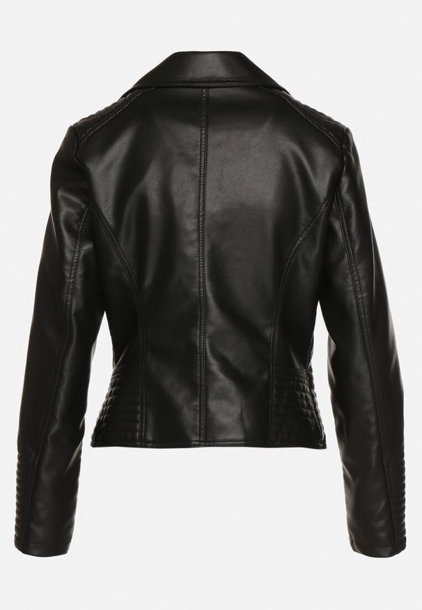 Born2be - Czarna Klasyczna Kurtka w Motocyklowym Stylu z Kieszeniami na Suwak Noturna. Okazja: na co dzień. Kolor: czarny. Materiał: jeans. Wzór: aplikacja. Styl: klasyczny