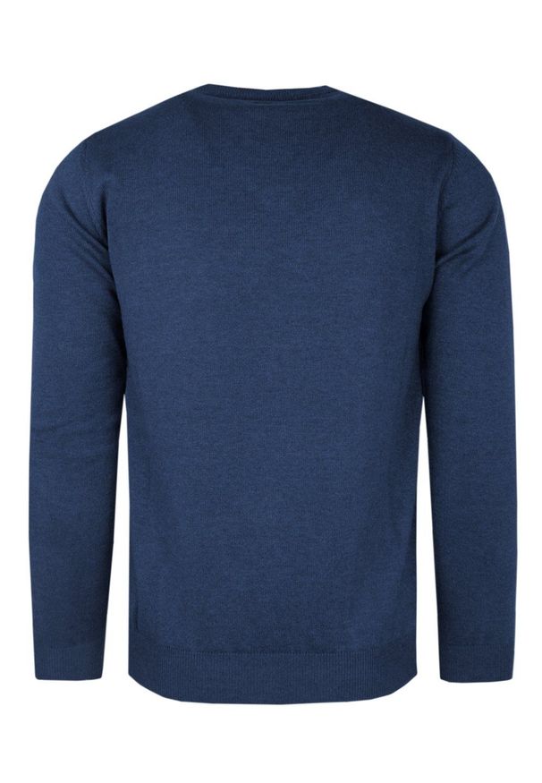 Elegancki Męski Sweter Polskiej Marki Rigon – V-neck (serek) - Niebieski. Okazja: na spotkanie biznesowe, do pracy. Kolor: niebieski. Materiał: bawełna, akryl. Styl: elegancki